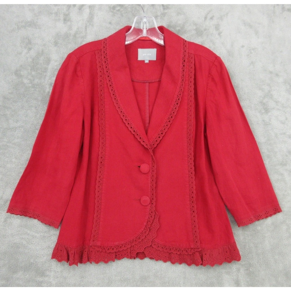 Per Una Jacket‎ Womens 10 Linen Eyelet Lace Trim Ruffle Blazer Office Career Red
